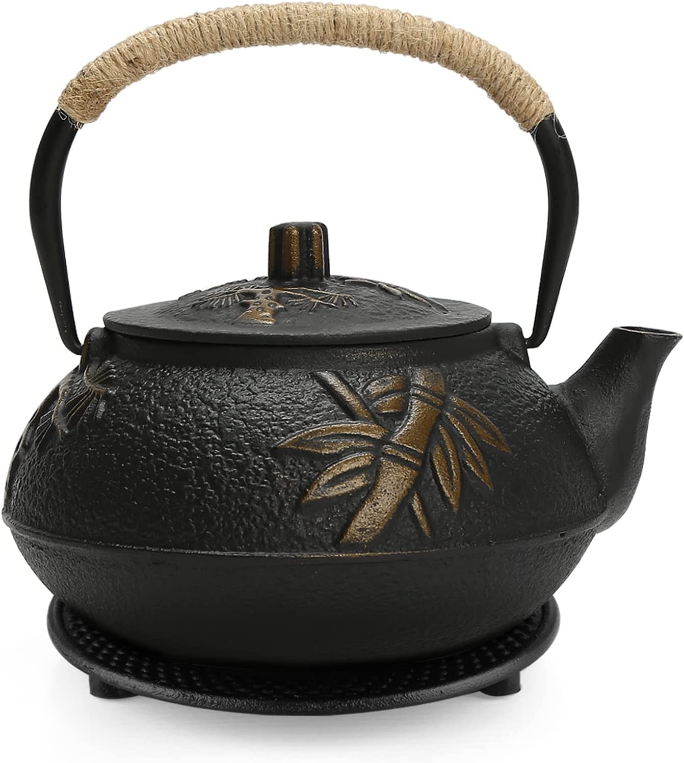 Japanese Style Cast Iron Teapot with Removable Stainless Steel Strainer, Fuloon 30 oz/0.9 L Cast Iron Teapot Black (Bamboo and Plum)