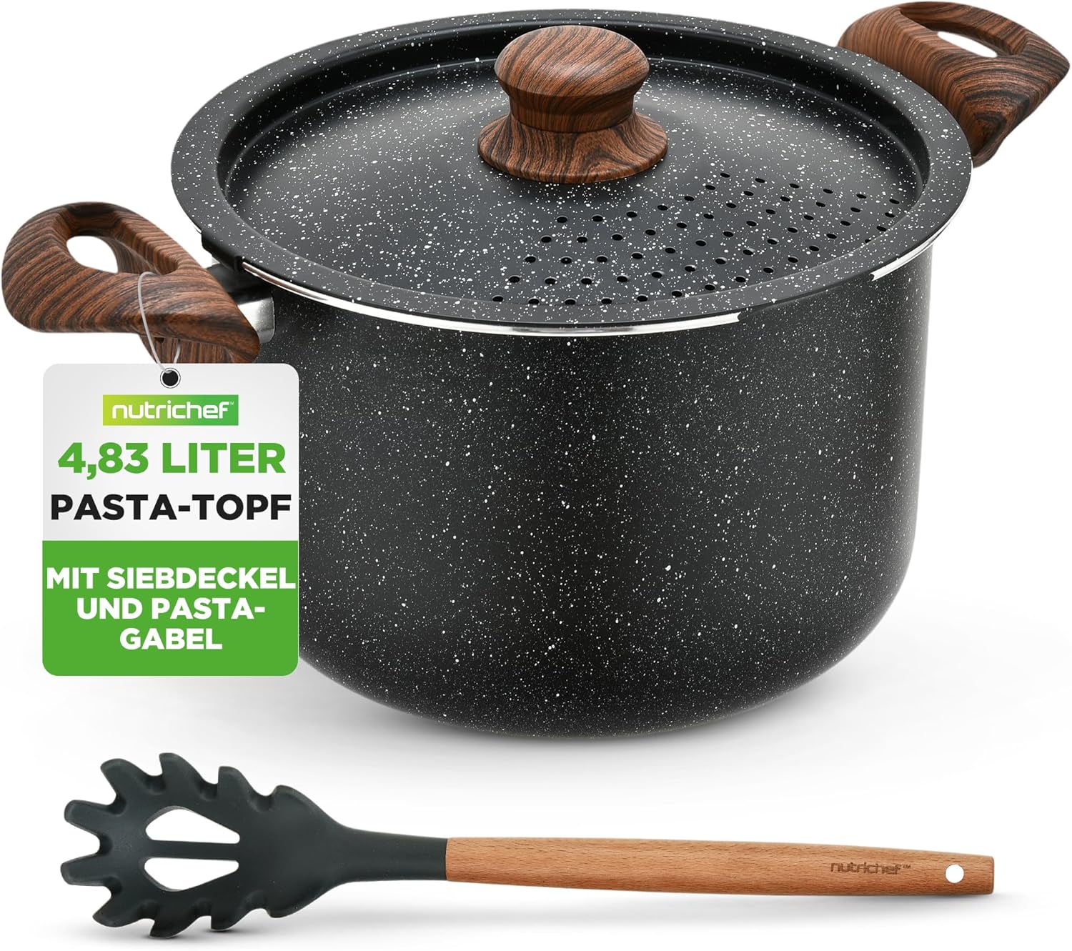NutriChef Pasta Pot with Strainer Lid and Pasta Fork, Non-Stick Cooking Pot, Lockable Lid, Heat Resistant Handles, Even Heat Distribution, Easy to Clean, Black Marble