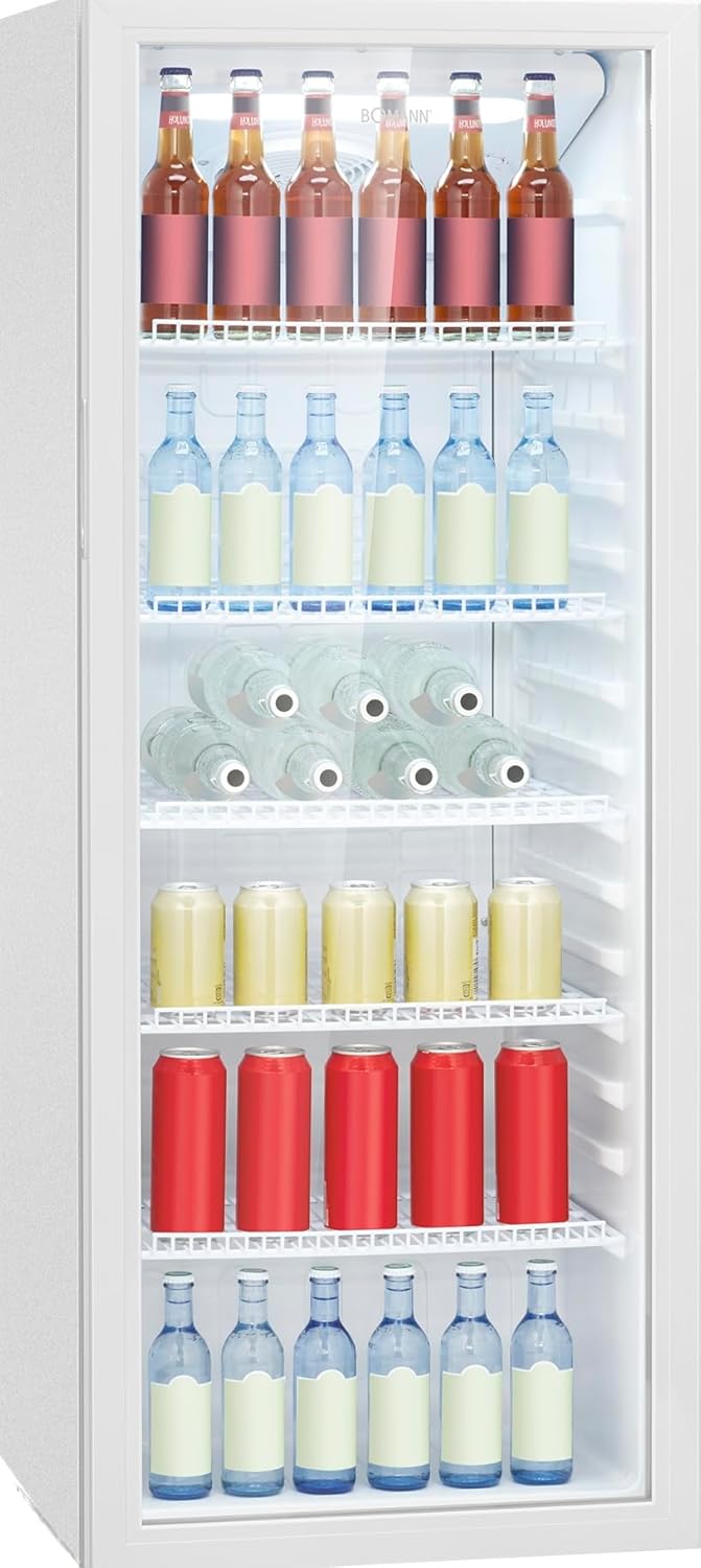 Bomann Fridge with Glass Door, Energy Class C, 143 cm, Drinks Fridge 2-12 °C, MultiAirflow, 5 Grid Shelves, Door Hinge Changeable, 236 L, Bottle Refrigerator, KSG 7292 White