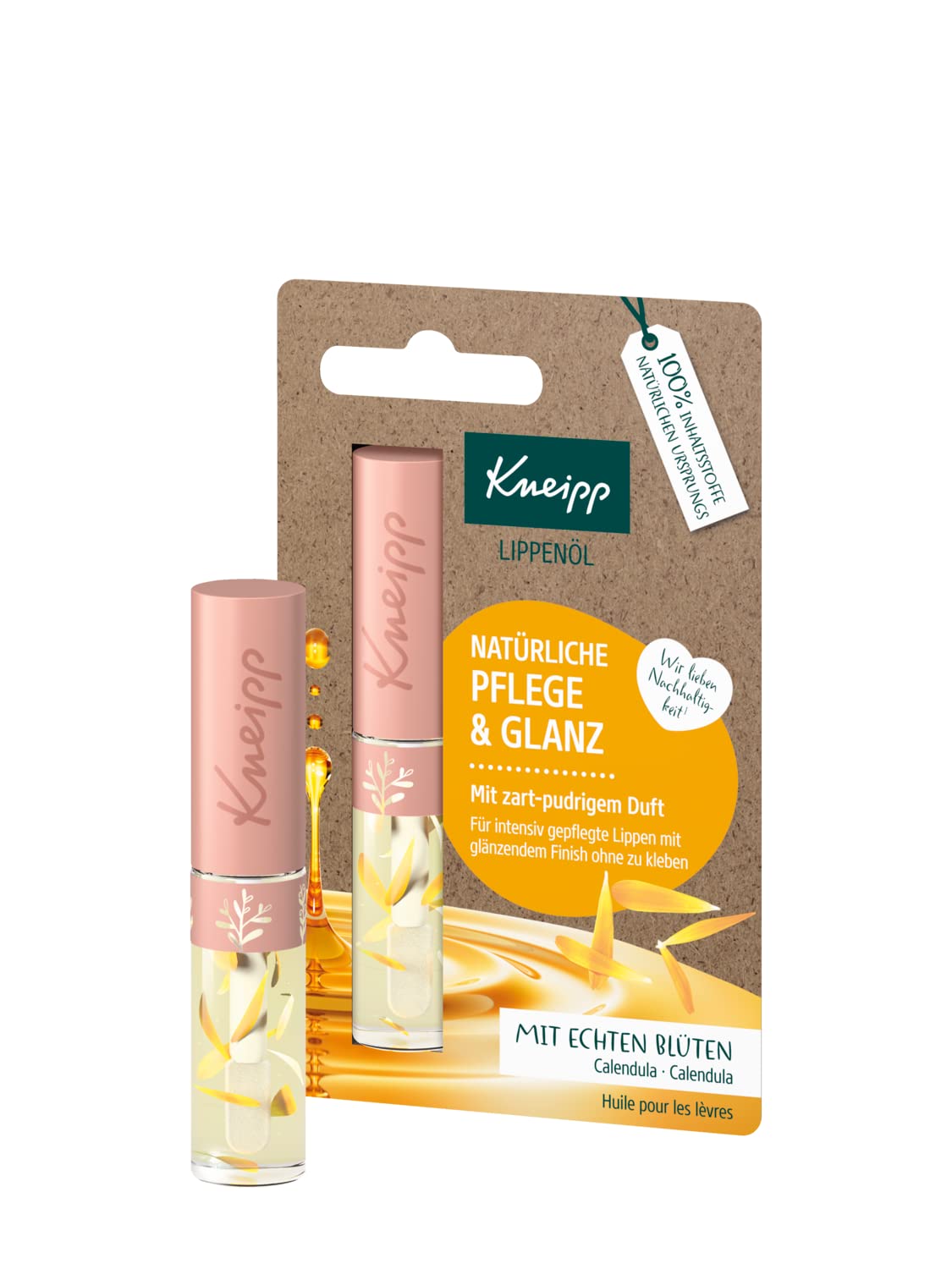 Kneipp Calendula Lip Oil - Intense & Natural Lip Care with Glossy Finish without Sticking - with Precious Petals - Pack of 1