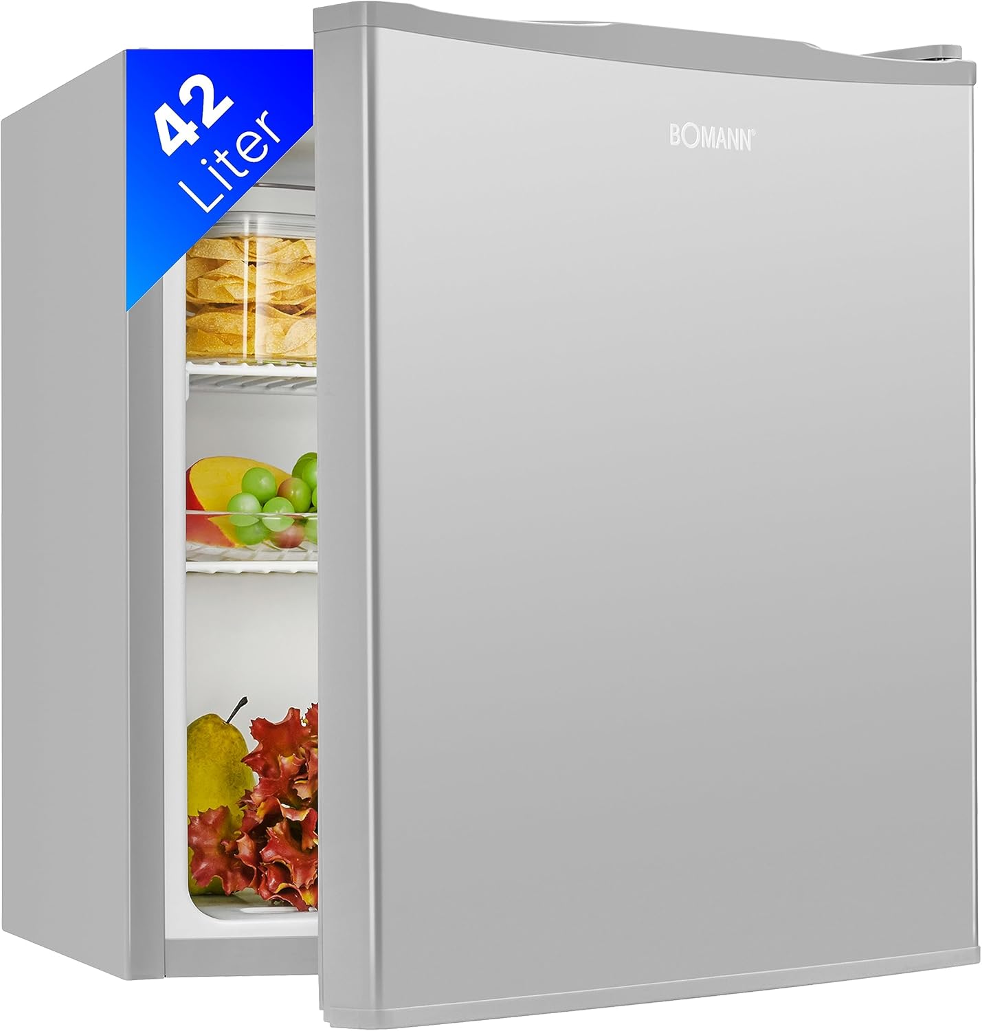 Bomann® Mini Fridge 42 Liters | Drinks Fridge Small for Office, Camping and Gaming | Small Fridge Quiet 39 dB | Mini Bar with Interchangeable Door Hinge | 51 x 45 x 45 cm | KB 7346 inox