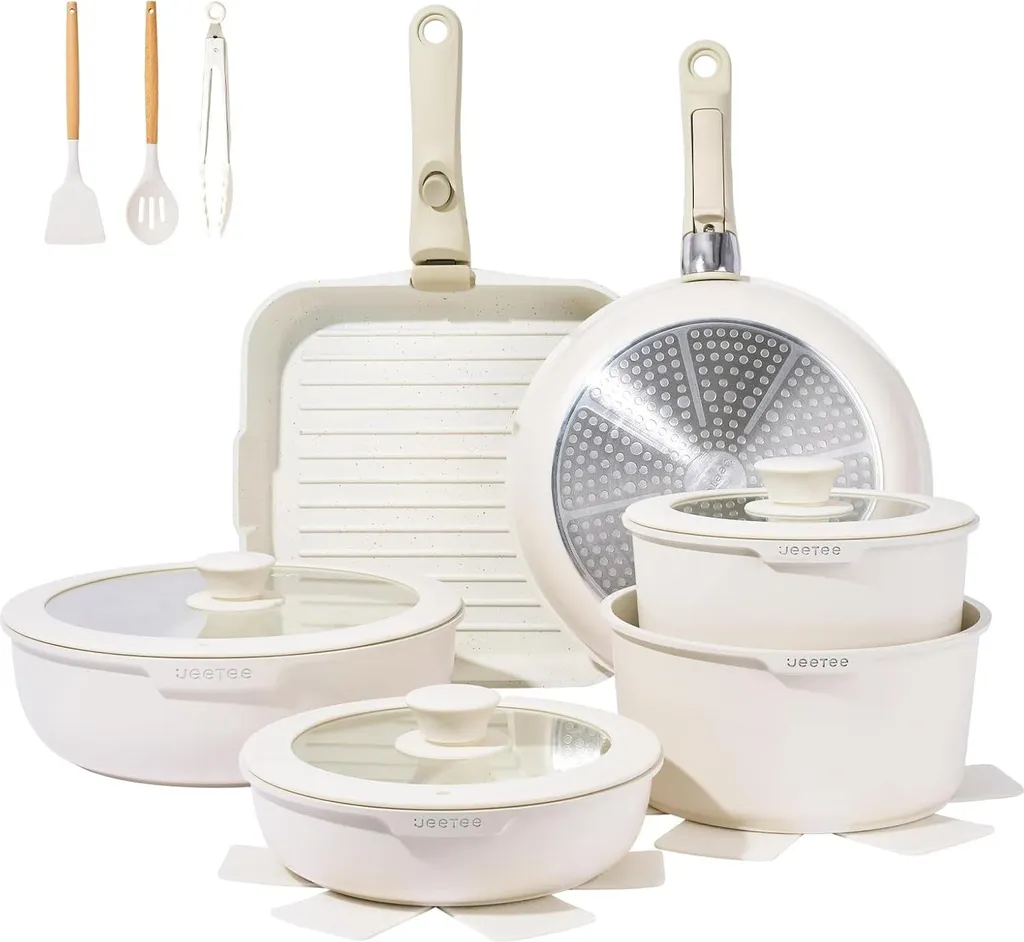 Markenlos Cookware set with removable handle - Induction - 26 pieces - White - Non-stick