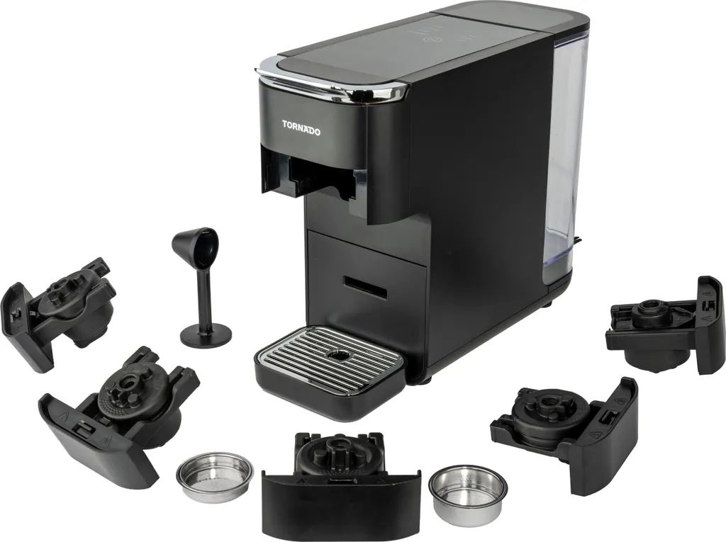 Tornado 5-in-1 Coffee Machine, Black/Stainless Steel, 20 bar, <45s Preheating Time, 70-86°C, Multi-Capsule Compatible
