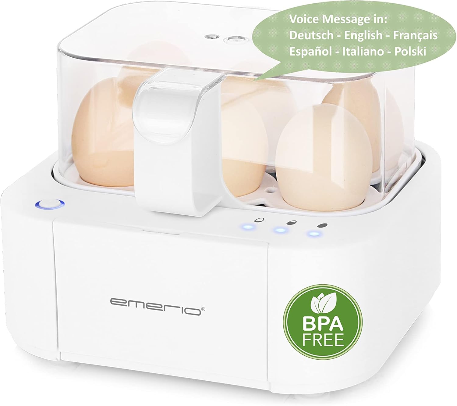 EMERIO Excellent unique egg cooker cooks all three cooking levels [soft|medium|hard] in just one cooking process with perfect result and multilingual voice output in DE EN FR ES IT PL