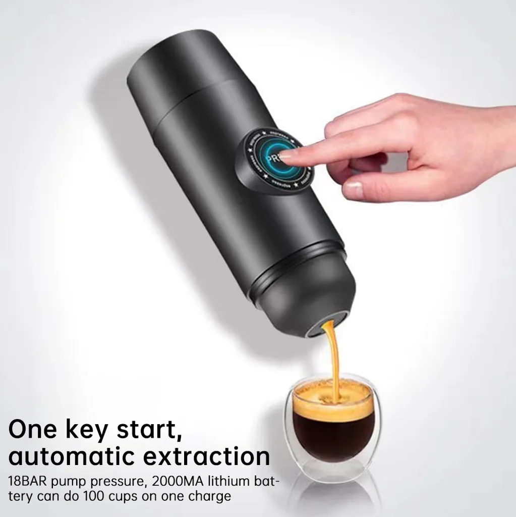 KKmoon Portable electric espresso machine, wireless heating, mini coffee machine for two servings, with 2-in-1 container for ground coffee/capsules, 15-bar pump pressure, automatic brewing process, built-in 2000 mAh battery