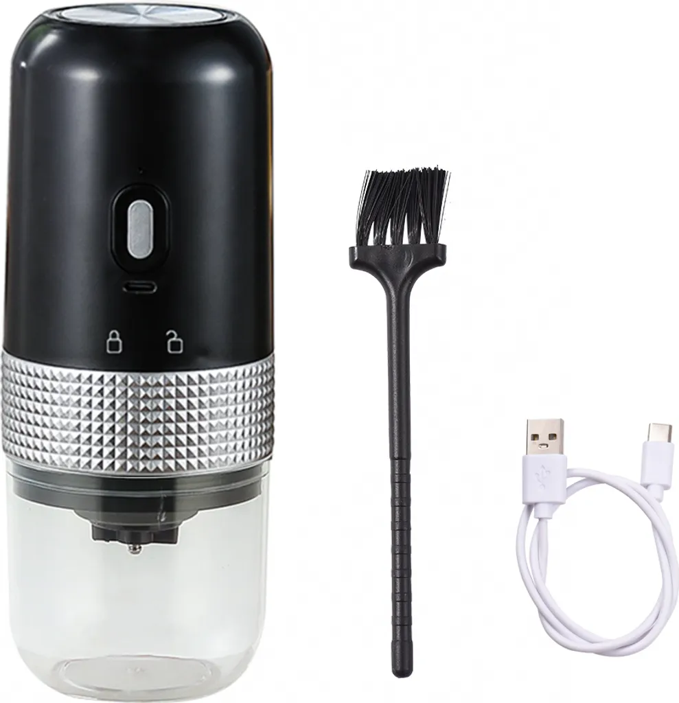 KKmoon Portable electric coffee grinder with burr grinder, 13W, 200ml, USB rechargeable, adjustable settings, cordless coffee bean grinder with cleaning brush for travel, camping, office, and home use.