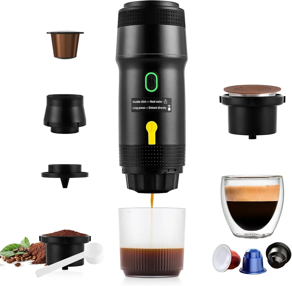 AjieQaQ Portable espresso machine, 20 bar portable espresso 3-in-1 camping coffee machine, self-heating, compatible with ground coffee and capsules