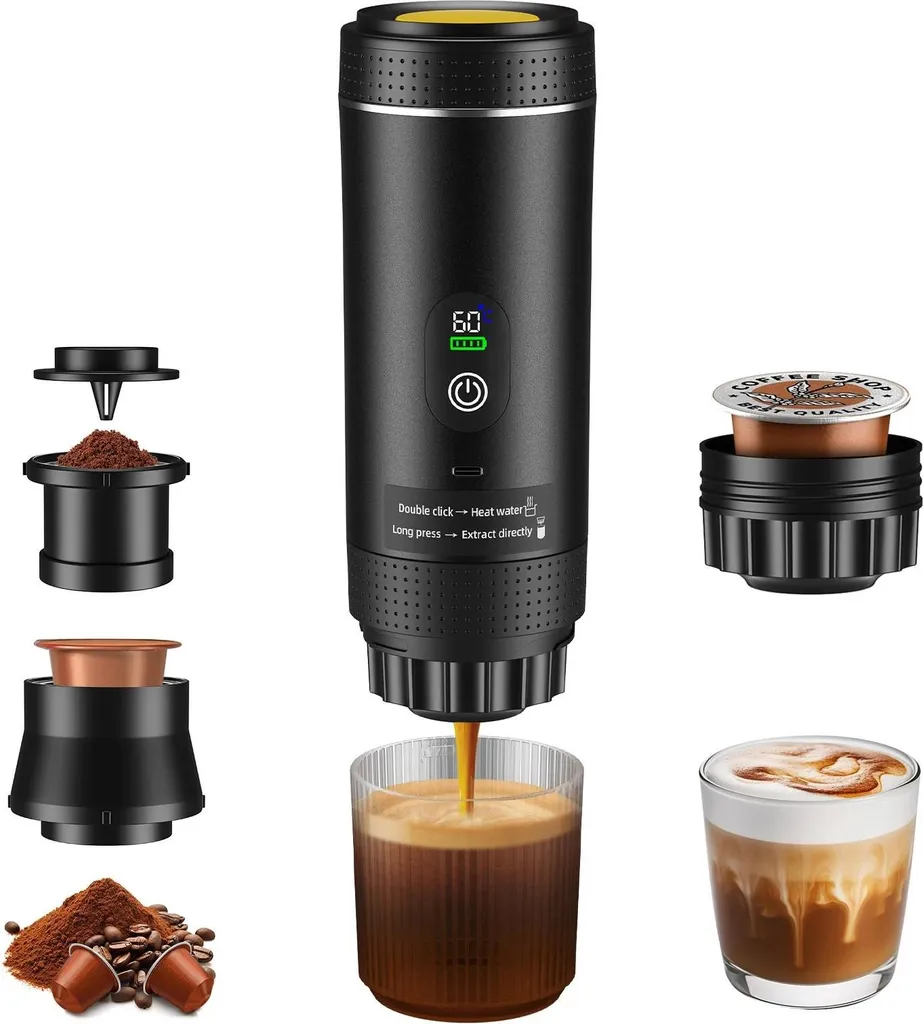 StarTech Portable Espresso Machine - 3-in-1 Coffee Maker - Cordless - For Car and Home - Capsules & Ground Coffee - Travel/Camping - Black