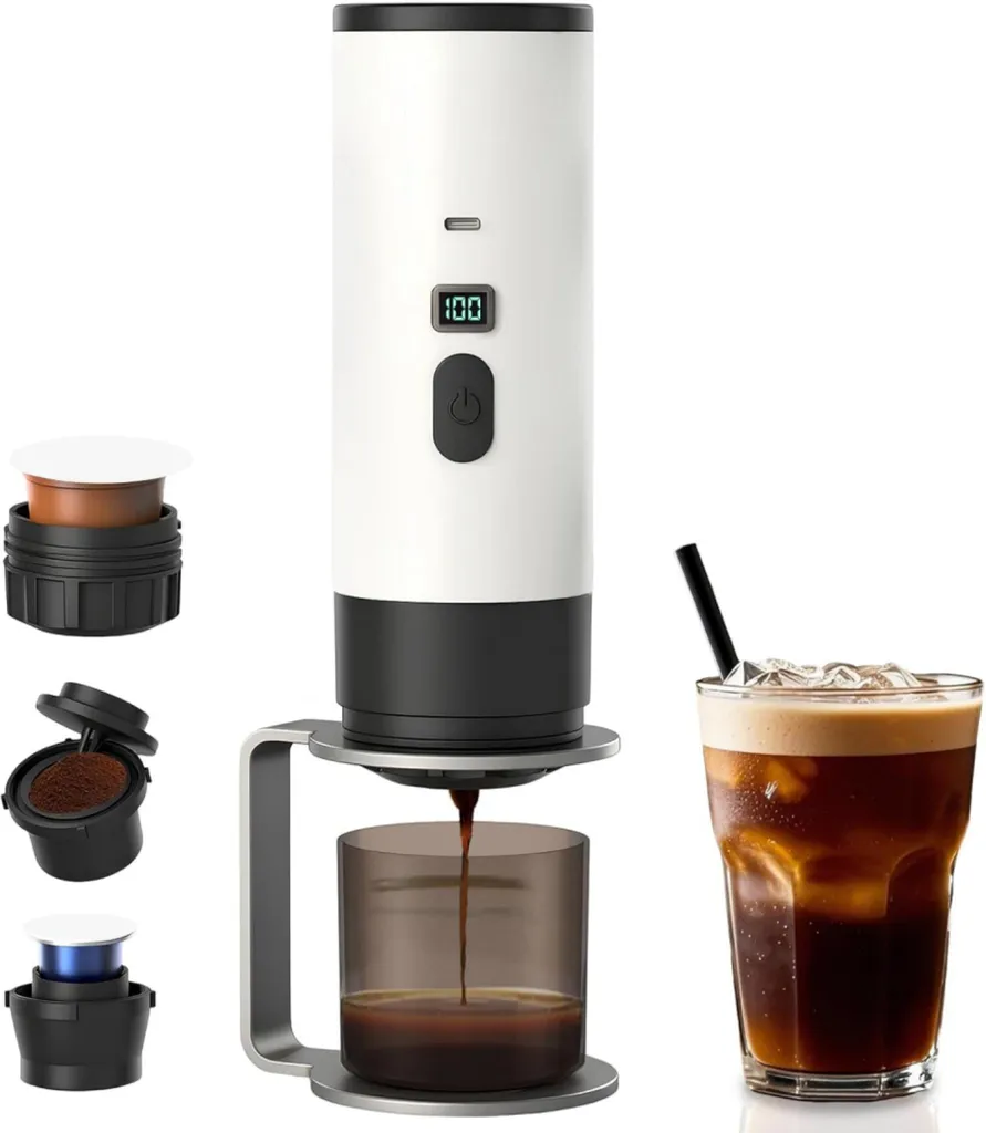 Darmowade Portable Espresso Machine 7800mAh - Compatible with Capsules & Ground Powder, USB-C, for Camping, Car & Office, incl. Cup Holder