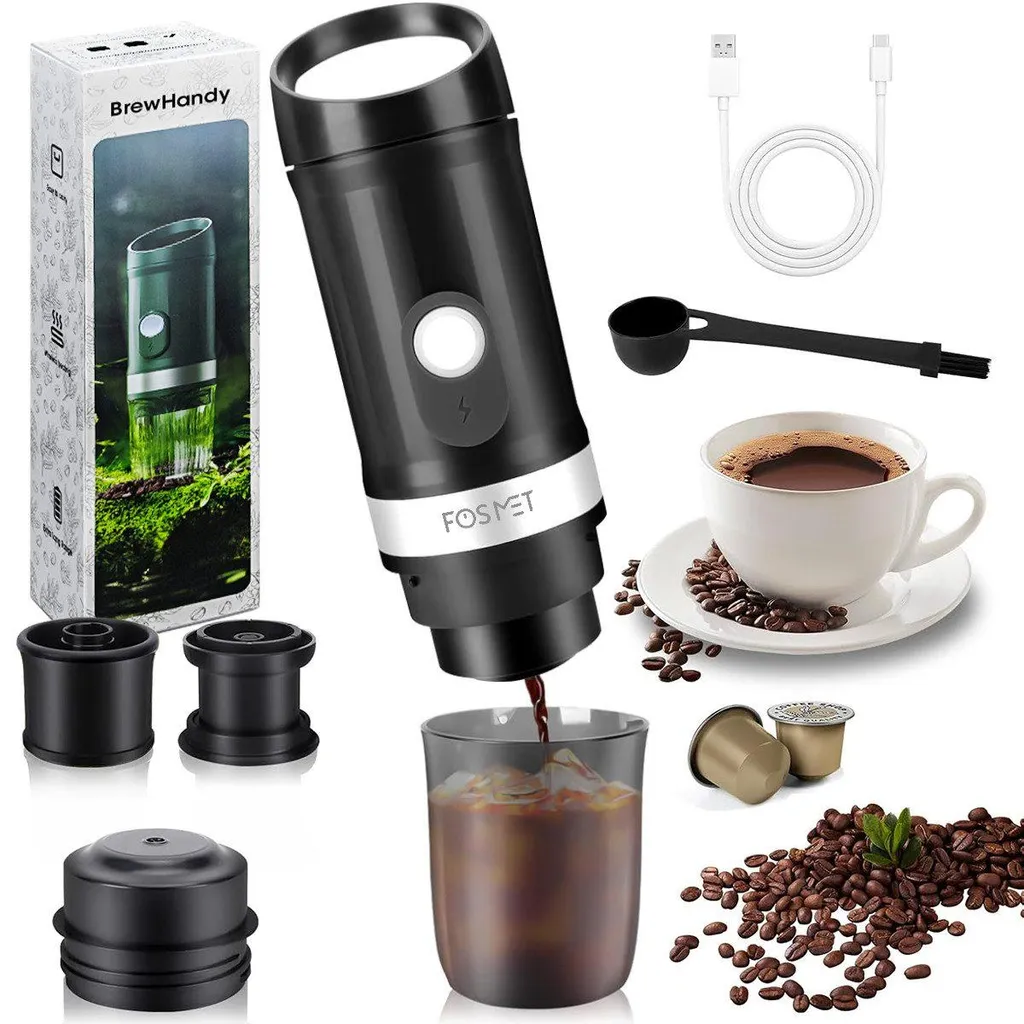 Sanorum Portable coffee machine – 20 bar – fast heating for capsules/powder/tea, cordless outdoor espresso machine – battery, 3-in-1, for travel & camping