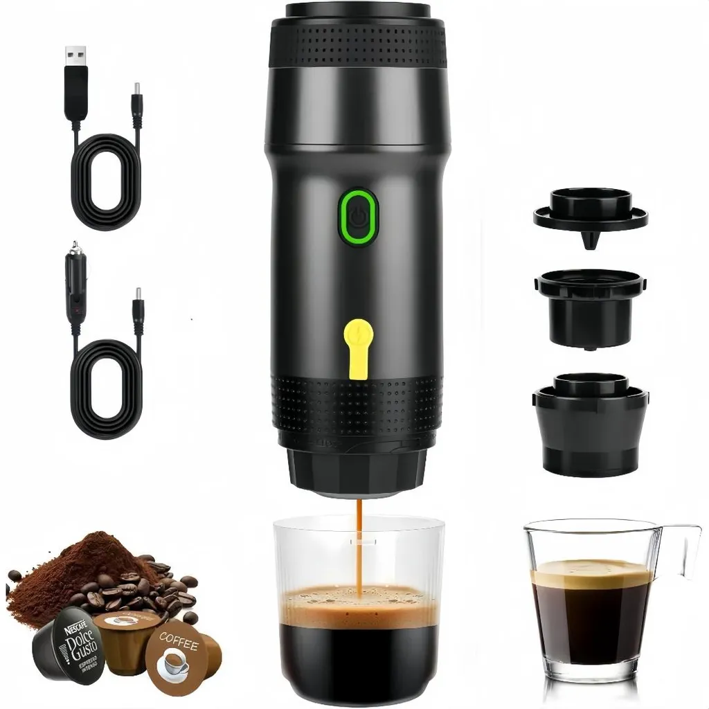 GIDEALED Portable coffee machine, 3-in-1 electric coffee maker, works with capsules and ground coffee, for cold brewing and reheating