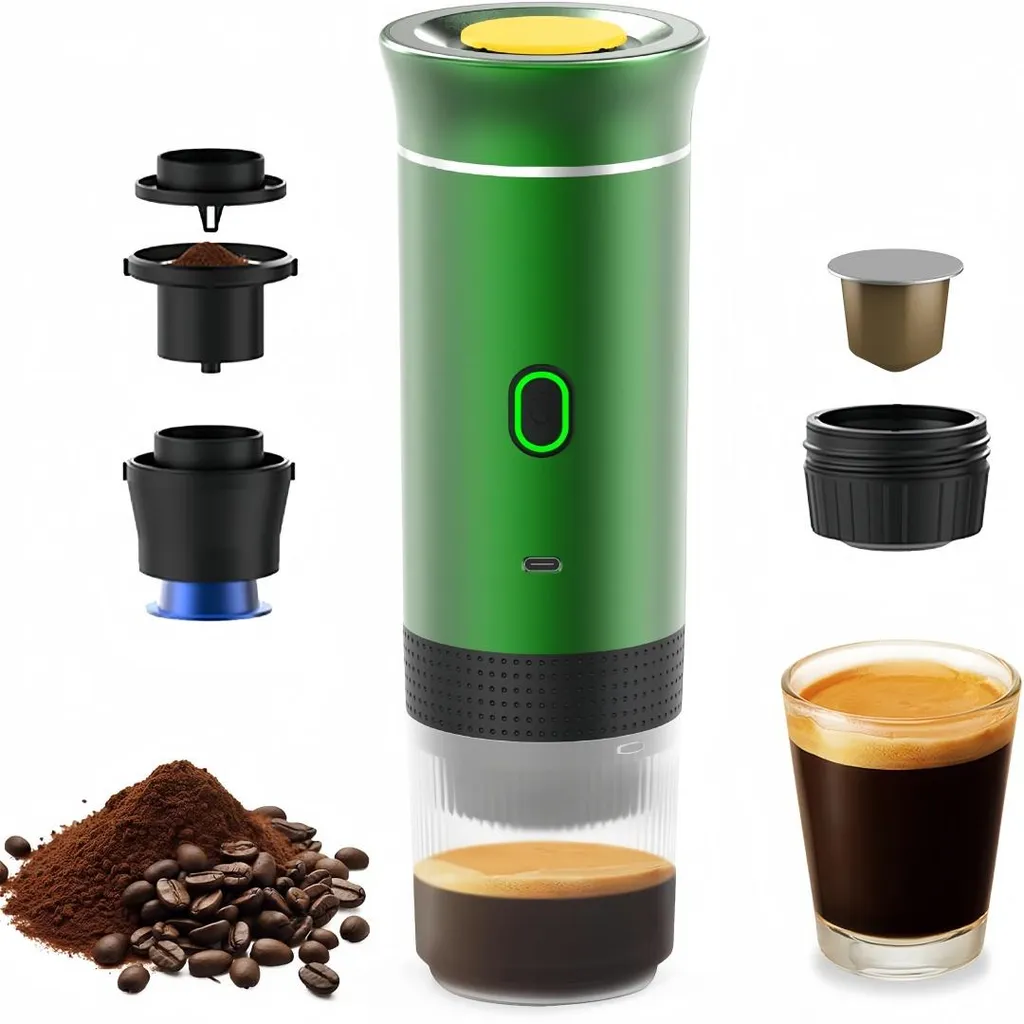 GIDEALED Portable coffee maker, 3-in-1 electric coffee maker, works with capsules and ground coffee, for cold brewing and reheating (green)