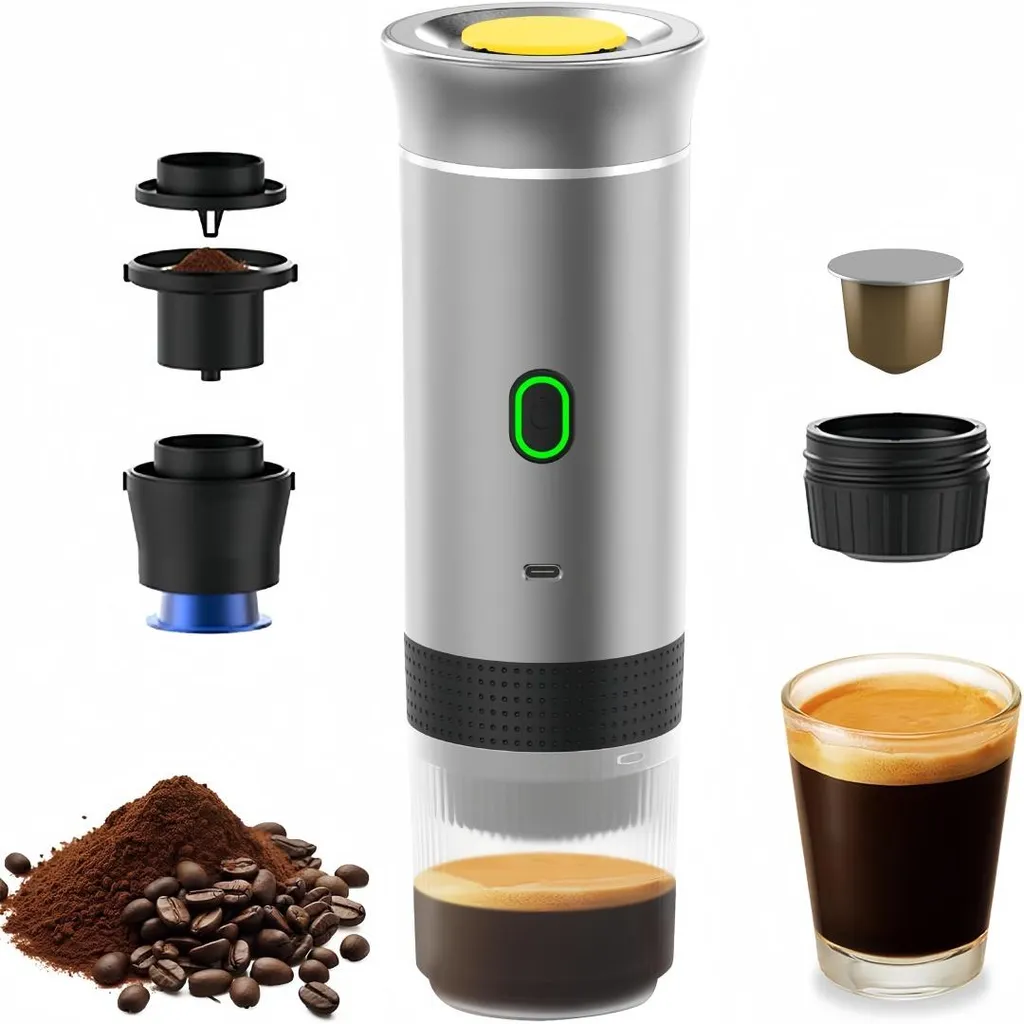 GIDEALED Portable coffee maker, 3-in-1 electric coffee maker, works with capsules and ground coffee, for cold brewing and reheating (silver)