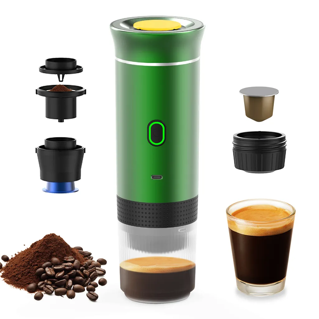 KKmoon Portable coffee machine for car, home, travel, 3-in-1 cordless electric coffee maker, works with capsules and ground coffee, 15 bar, mini coffee machine for cold brew and hot brewing with 150 ml cup