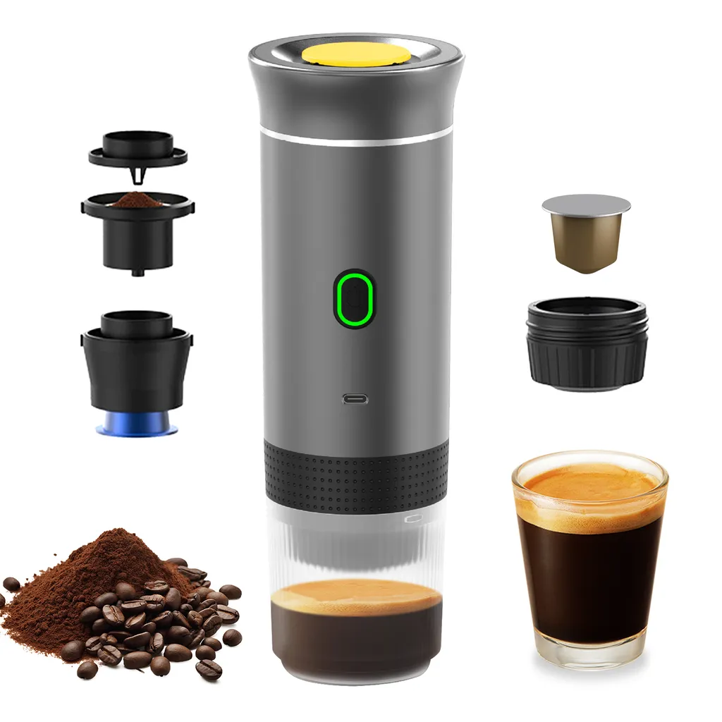 KKmoon Portable coffee machine for car, home, travel, 3-in-1 cordless electric coffee maker, works with capsules and ground coffee, 15 bar, mini coffee machine for cold brew and hot brewing with 150 ml cup