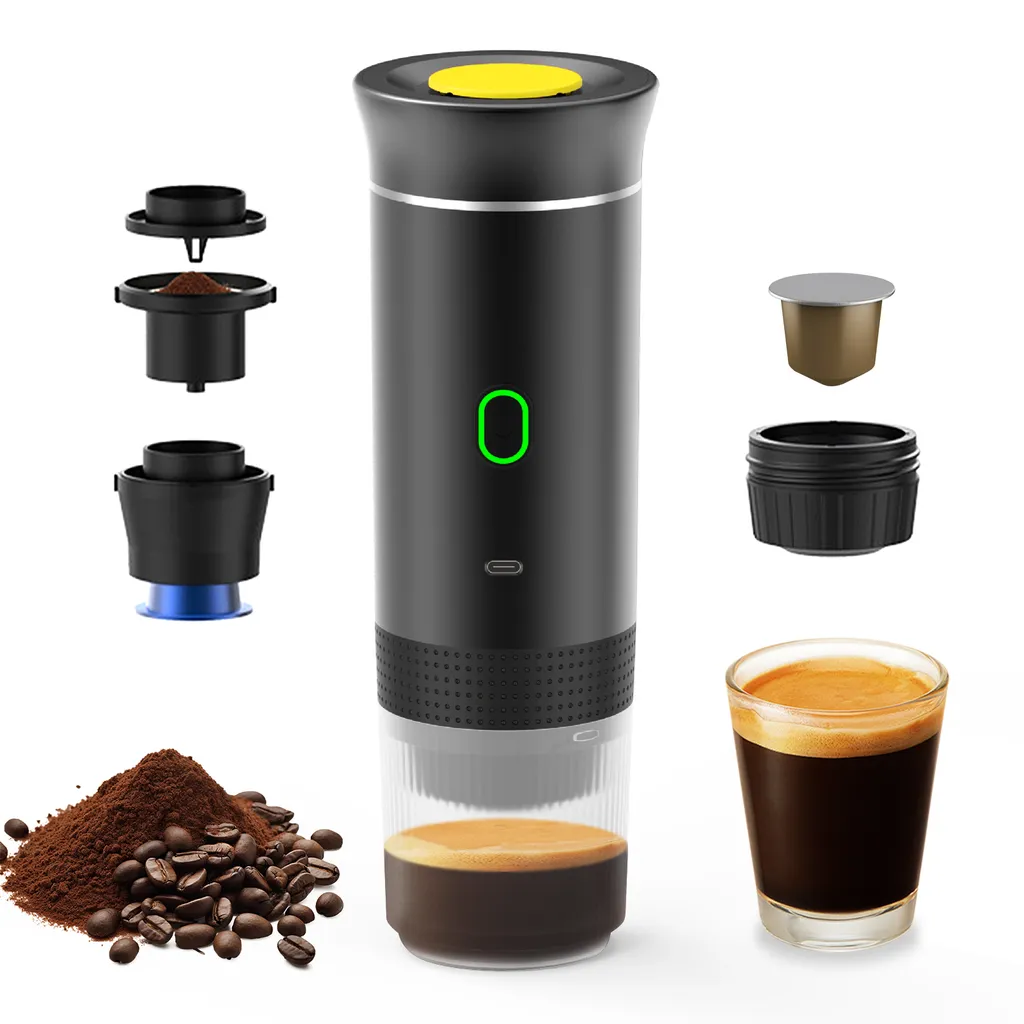 KKmoon Portable coffee machine for car, home, travel, 3-in-1 cordless electric coffee maker, works with capsules and ground coffee, 15 bar, mini coffee machine for cold brew and hot brewing with 150 ml cup