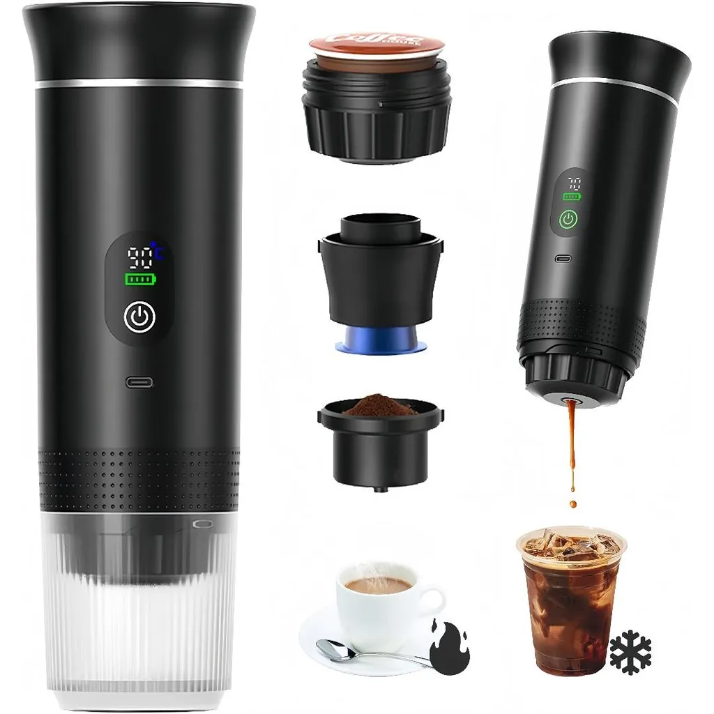 GIDEALED Portable coffee machine with digital display, 3-in-1 electric coffee maker, with capsules and ground coffee, for cold brewing and heating (Black)