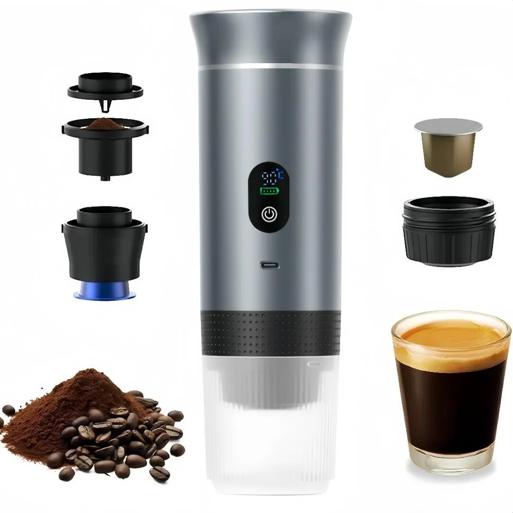 GIDEALED Portable coffee machine with digital display, 3-in-1 electric coffee maker, with capsules and ground coffee, for cold brewing and heating (silver)