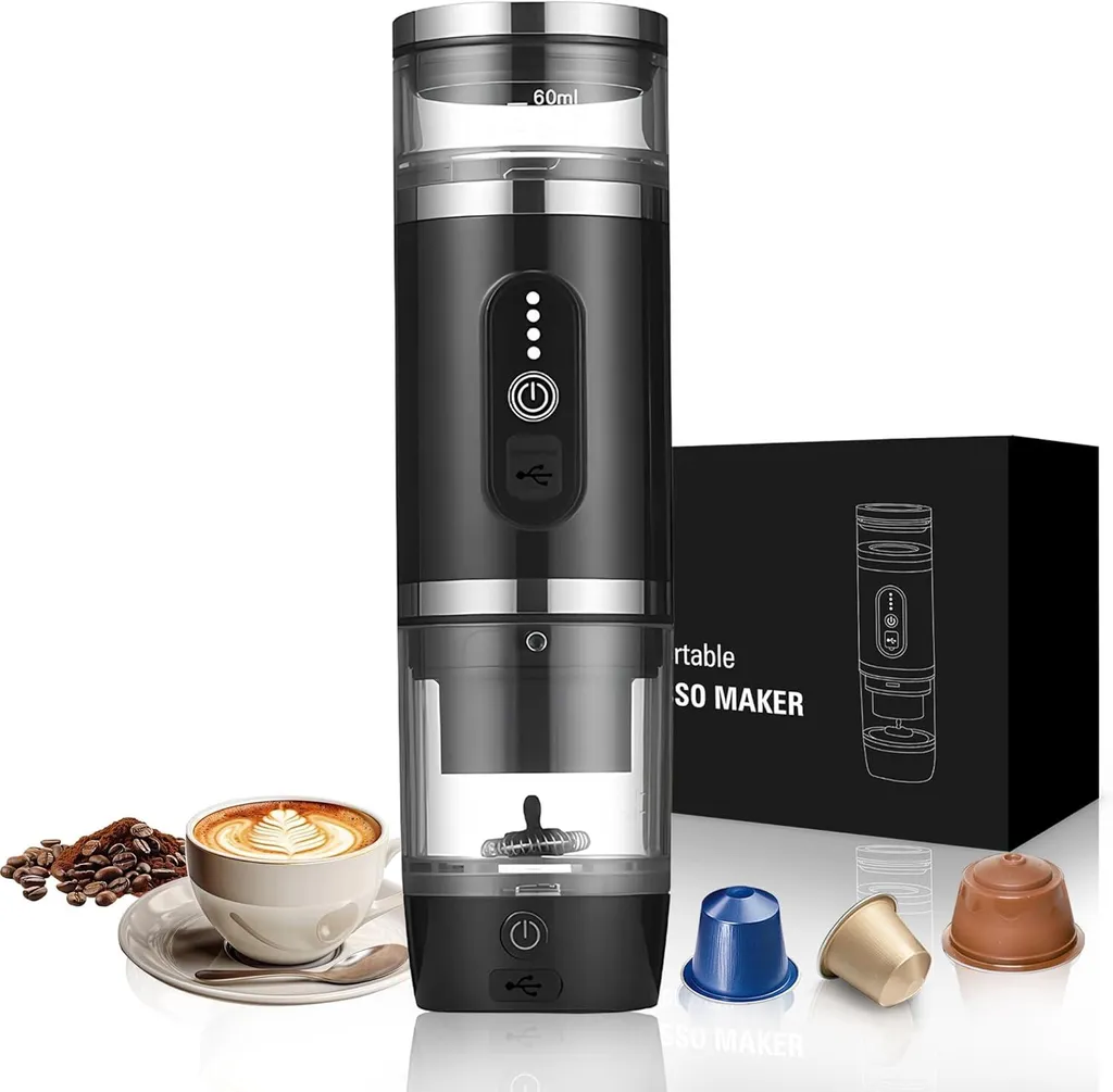 Traumheim Portable coffee machine with milk frother 3-in-1, 20 bar espresso machine, 93°C self-heating, 7500mAh battery, ideal for camping, car & travel 700g