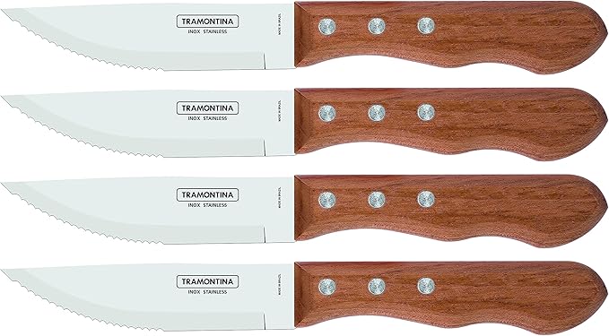 Tramontina Dynamic Jumbo Steak Knives, 4-Piece Set, Stainless Steel, Wooden Handle, 4 Steak Knives