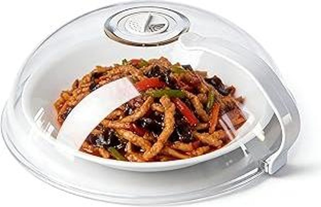 Akhan Transparent microwave cover with handle, splash guard, microwave-safe dishes for reheating, with tray, heat-resistant up to 200°C, dome design, easy cleaning.