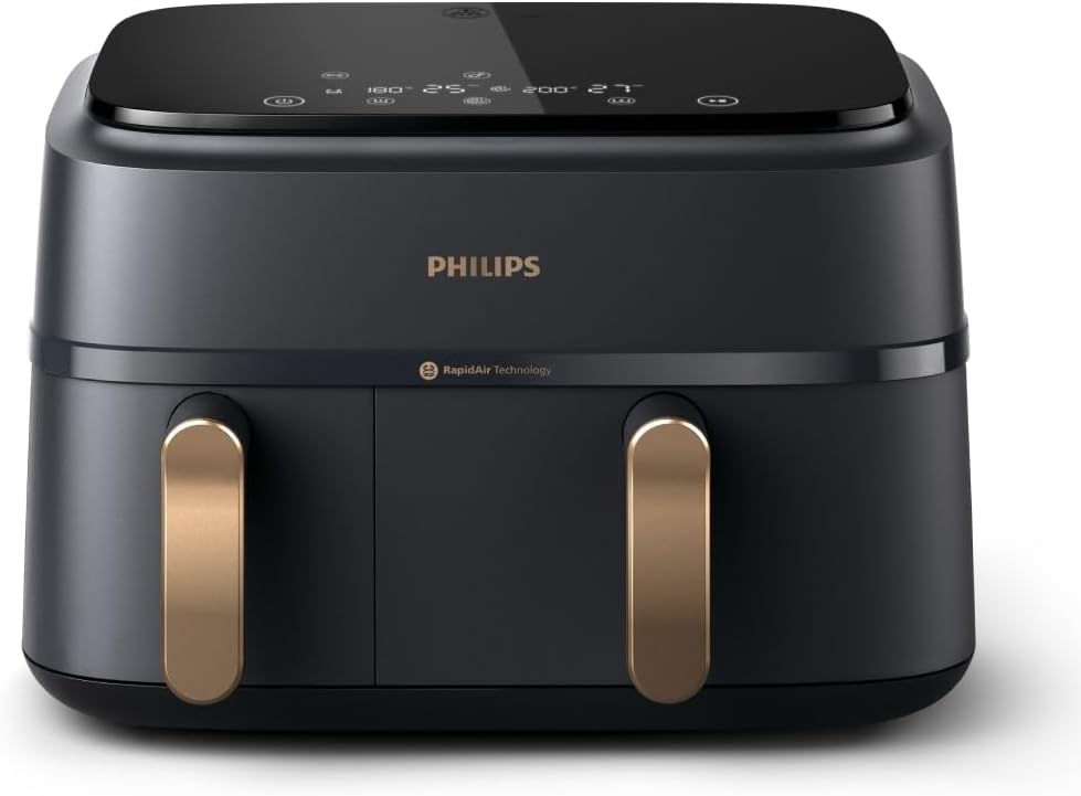 Philips Airfryer Dual Basket 3000 Series Hot Air Fryer, 9L, 2 Baskets, 2 Dishes at the Same Time, RapidAir Plus Technology, 90% Less Fat, Energy Efficient, HomeID App (NA352/00)