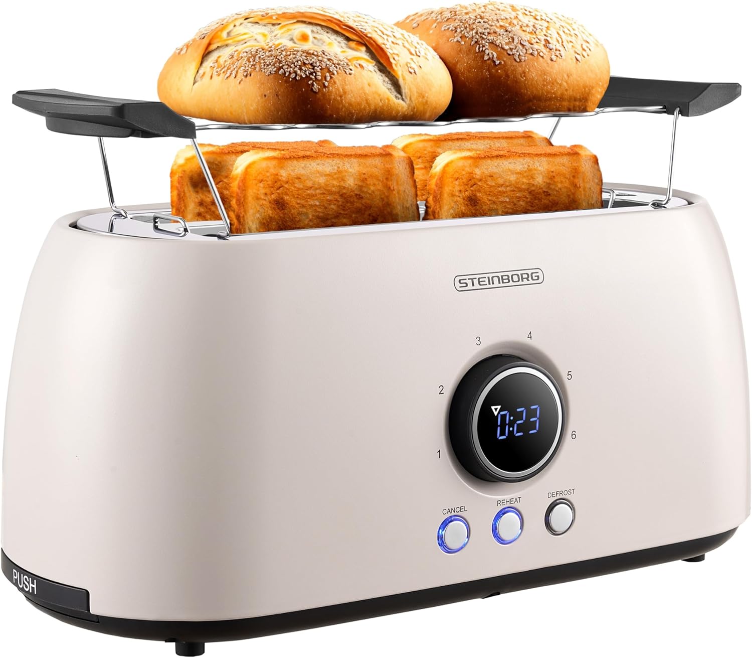 Steinborg Toaster 4 Slices with Bun Attachment, Long Slot Toaster, Automatic Shut-Off, Double Slot Toaster, Family Toaster Toaster Toast Device, LED Display with Remaining Time Display (Bulgur Beige)