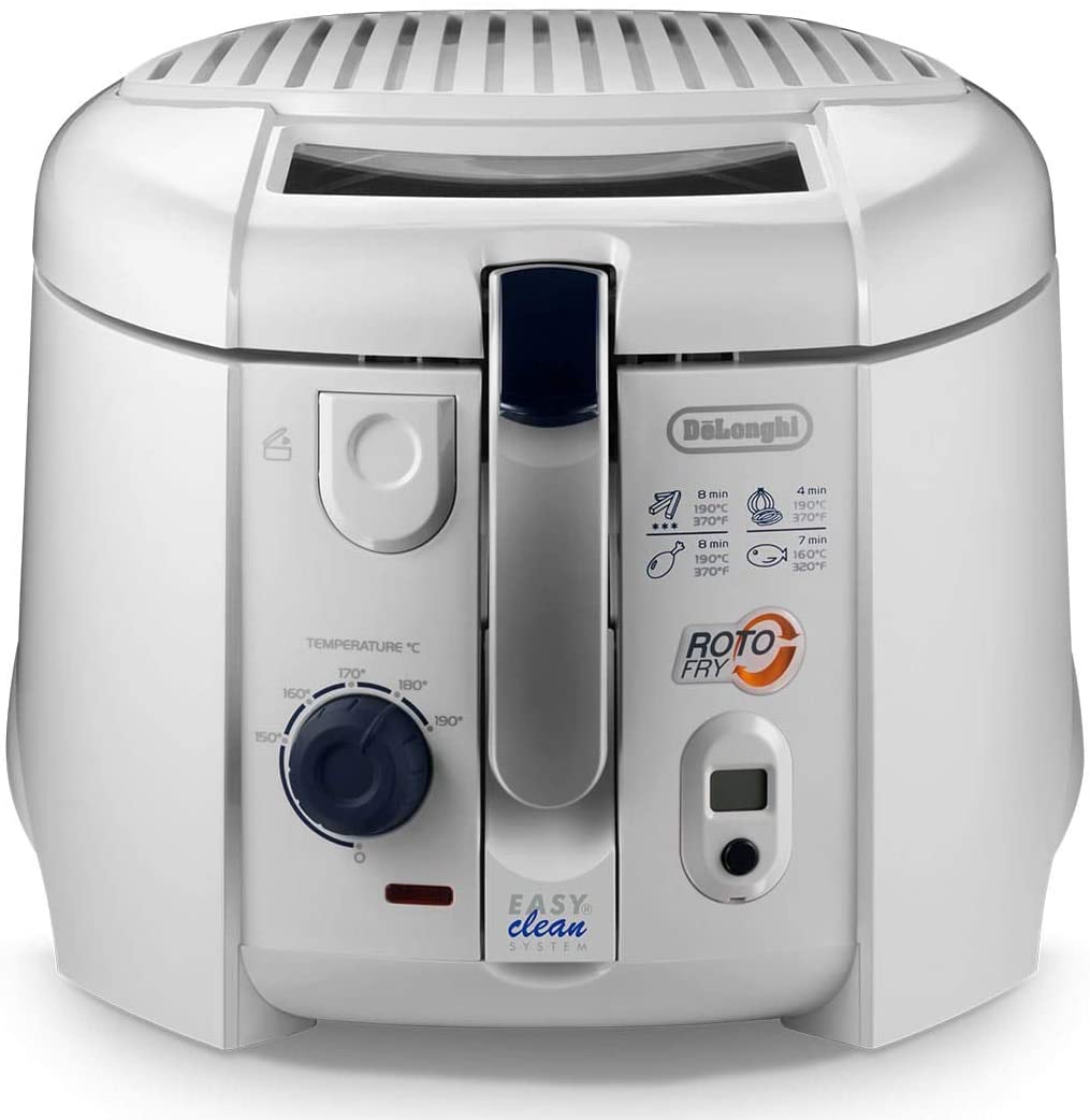 DeLonghi De\'Longhi RotoFry F 28313.W Roto-Fry System for 50% Less Oil Easy Clean System Timer Oil Drain Function Non-Stick Coating Fixed Frying Container White