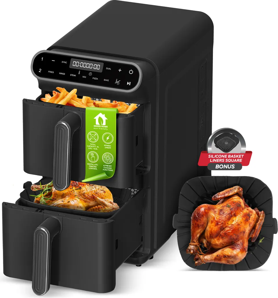 TurboTronic Dual XXL 11L Hot Air Fryer - AF500D - Vertical Double Chamber 2x5.5L, Oil & Fat Free Air Fryer, incl. Silicone Inserts, Black