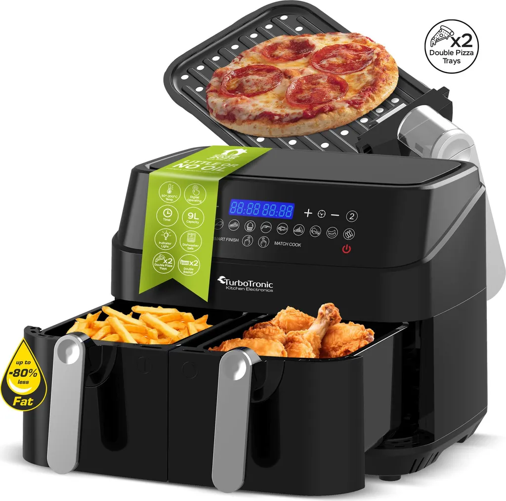 TurboTronic XXL 9L Hot Air Fryer - DAF5 - 2x4.5L Chambers, Double Air Fryer without Oil & Fat, Digital, 12 Programs, 1600W, Smart Finish