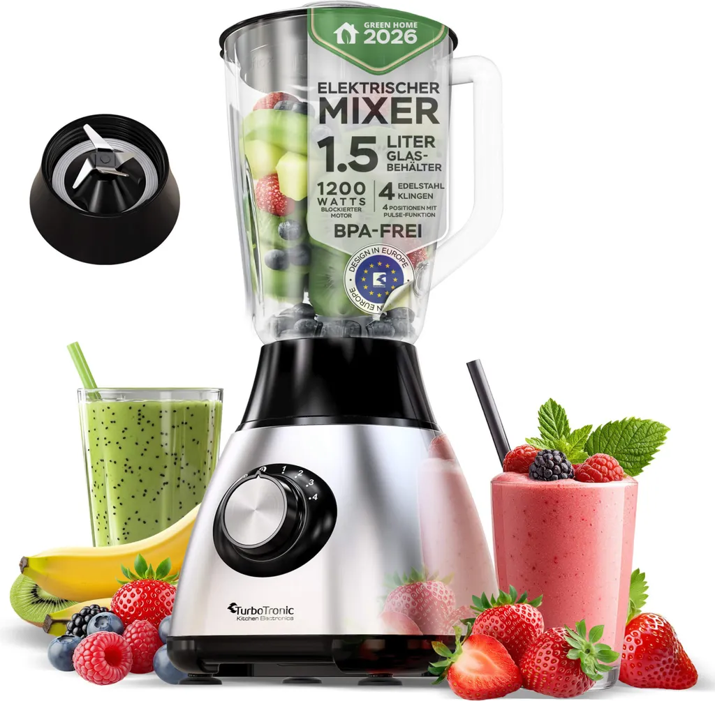 TurboTronic Stand Mixer - BG5 - 1200 Watt with 1.5L Glass Jar, Stainless Steel Silver, Glass Smoothie Mixer / Maker, Ice Crush Function, Milkshake Blender, BPA FREE