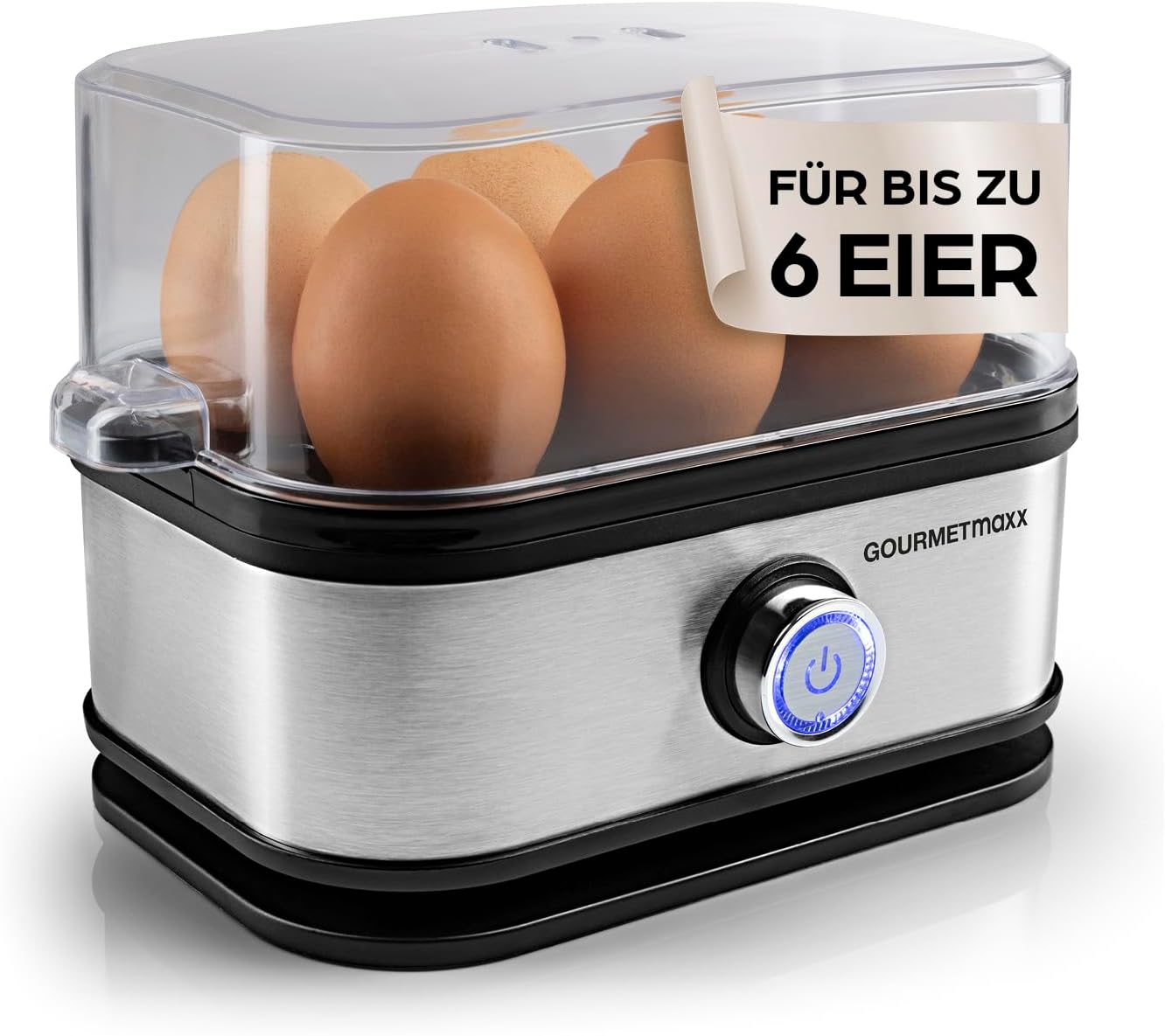 GOURMETmaxx Egg Cooker for 6 Eggs, Egg Boiler with Egg Cutter in Measuring Cup, Egg Cooker with 3 Hardness Levels, Suitable for Every Egg Cup, Stainless Steel Egg Cooker, Dishwasher-Safe Parts
