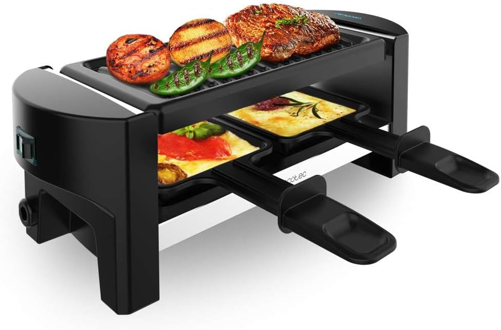 Cecotec Raclette with electric grill for 2 people, Raclette Cheese&Grill 3200 Pocket. 320W, stainless steel finish, non-stick grill plate, includes 2 pans and 1 spatula.