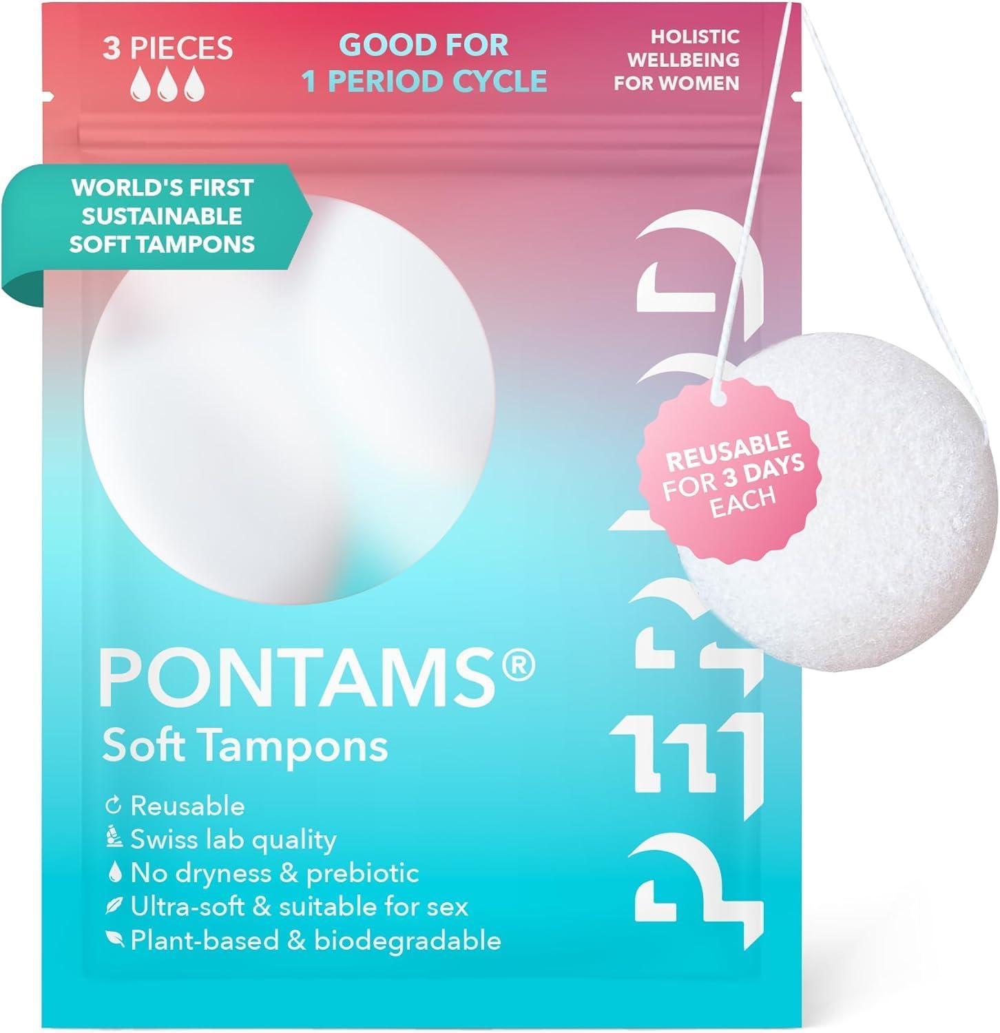 PERIOD PONTAMS Soft Tampons for Women - 3 Day Reusable and Compostable Tampons - Probiotic Balance Support - Ultra Soft Plant-Based 3 Pack