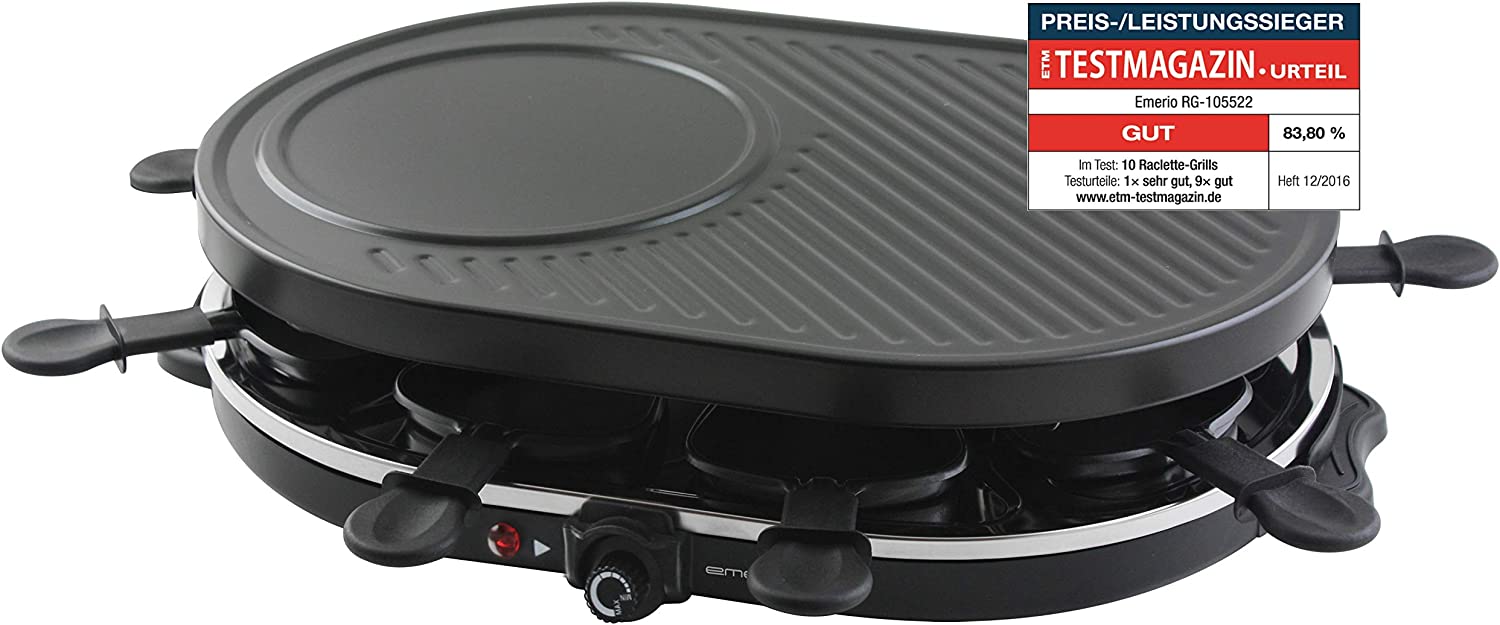 Emerio ETM 12/2016 Raclette Grill, 8 Pans, 1 Grill Plate, non-stick coating, 1200 watts