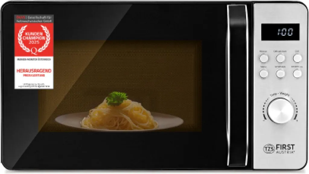 TZS First Austria 2-in-1 Microwave with Grill Function, 1100W, Digital, 20L Capacity, LED Display, Defrost Function, 8 Automatic Programs, Quick Start Function, Child Lock, Stainless Steel