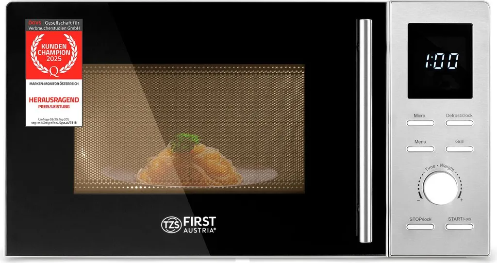 TZS First Austria 2-in-1 Microwave with Grill Function, 1100W, Digital, 20L Capacity, LED Display, Defrost Function, 8 Automatic Programs, Quick Start Function, Child Lock, Stainless Steel