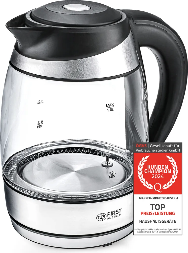 TZS First Austria Stainless Steel Glass Kettle 1.8L, 2200W, Temperature Setting 40 Degrees, Kettle, Color Changing LED Lighting - Color Depending on Temperature Selection, Black