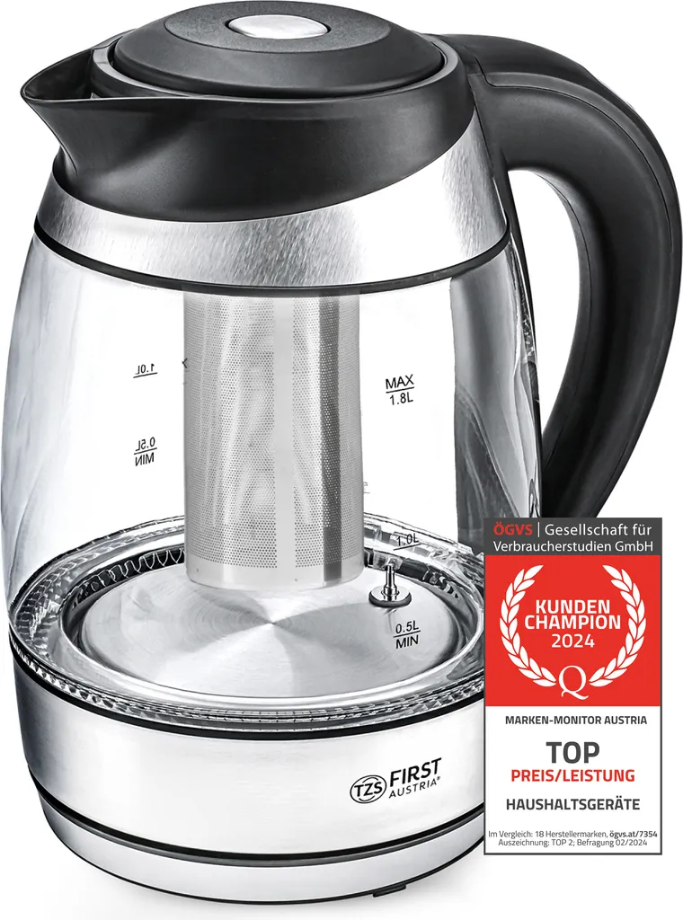 TZS First Austria Stainless Steel Glass Kettle with Tea Filter, 1.8L, 2200W, Temperature Setting 40 Degrees, Kettle, Color Changing LED Lighting - Color Depending on Temperature Selection, Black