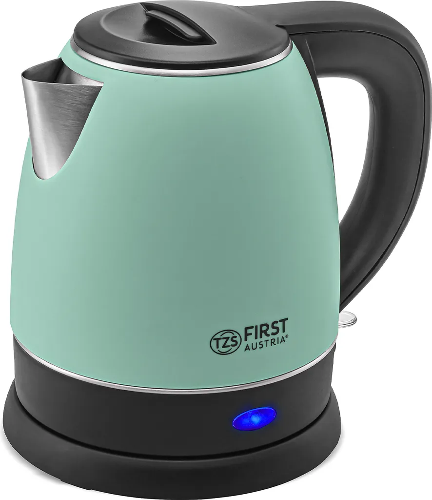 TZS First Austria stainless steel kettle, green-black, 2200W | 1.2 liters | height 20cm | 360° swivel base | integrated limescale filter, boil-dry protection, cordless
