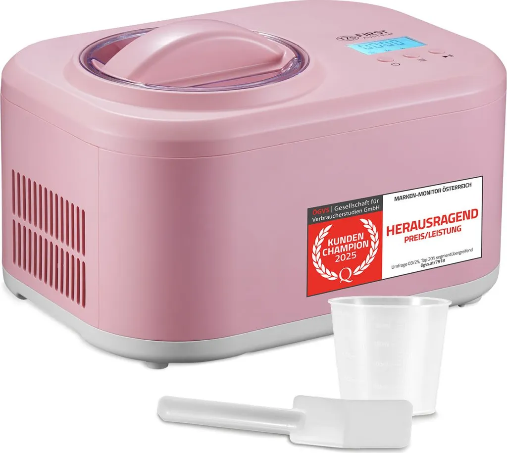 TZS First Austria - Ice Cream Maker 1L 100W - with Compressor & Keep-Cool Function - Pink