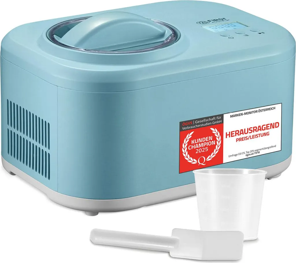 TZS First Austria - 1L Ice Cream Maker with Compressor 3 in 1 - 100W Self-Cooling Ice Cream Maker for Frozen Yogurt, Sorbet & Ice Cream - Small Ice Cream Machine incl. Recipe Booklet, Measuring Cup & Spatula