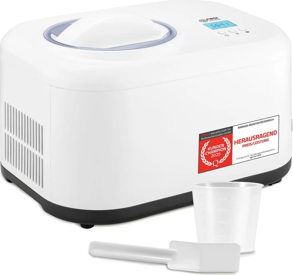 TZS First Austria - 1L Ice Cream Maker with Compressor 3 in 1 - 100W Self-Cooling Ice Cream Maker for Frozen Yogurt, Sorbet & Ice Cream - Small Ice Cream Machine incl. Recipe Booklet, Measuring Cup & Spatula