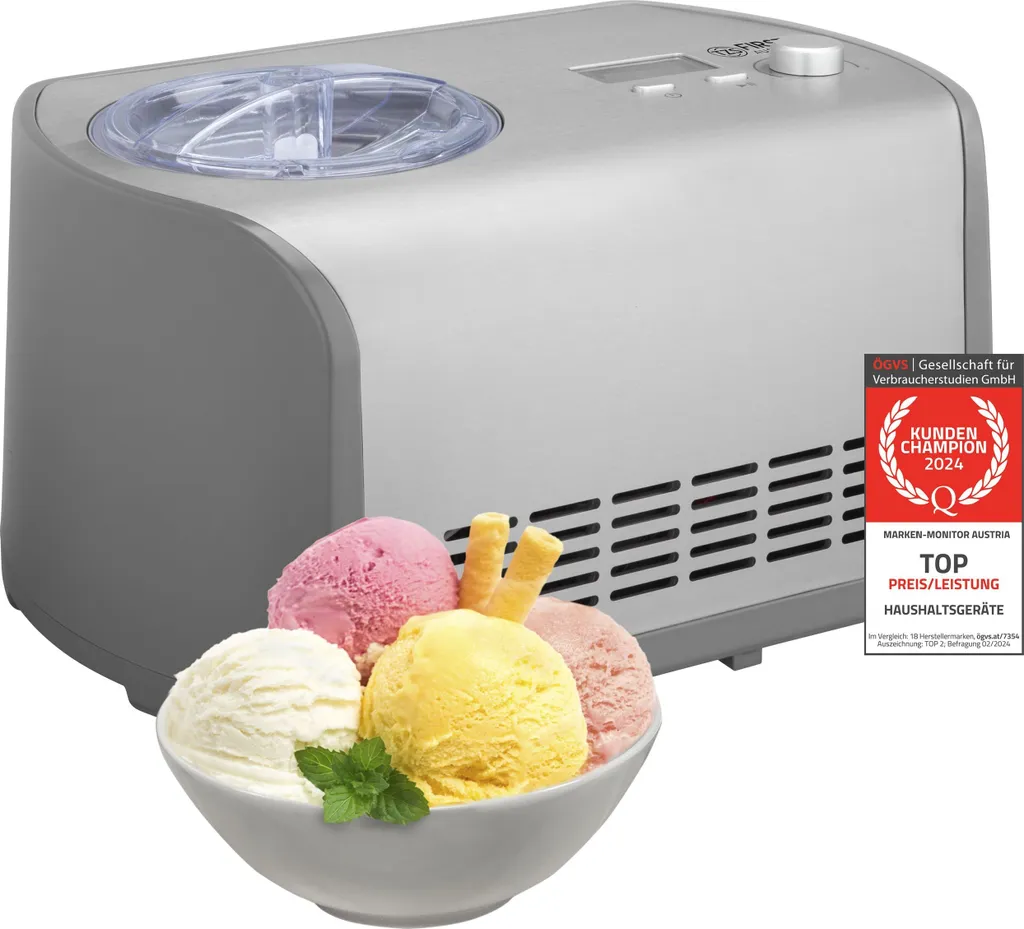 TZS First Austria Ice Cream Maker with Compressor 1.2L, Yogurt Maker, Stainless Steel, Yogurt Machine, Ice Container, Display, Self-Cooling