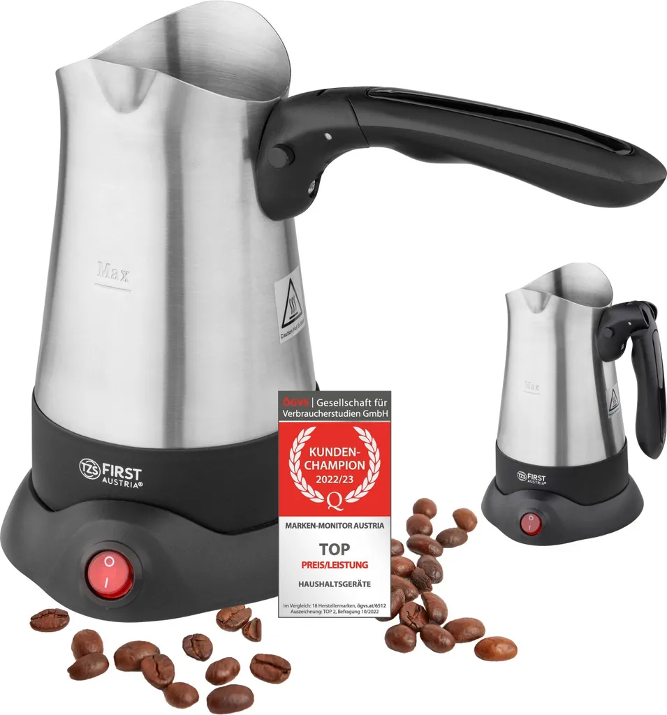 TZS First Austria Electric Turkish Coffee Maker with Fold-Out Handle, 0.3 Liter 800W | Moka Pot, Espresso Maker & Kettle | Stainless Steel | Suitable for Home, Office, Travel
