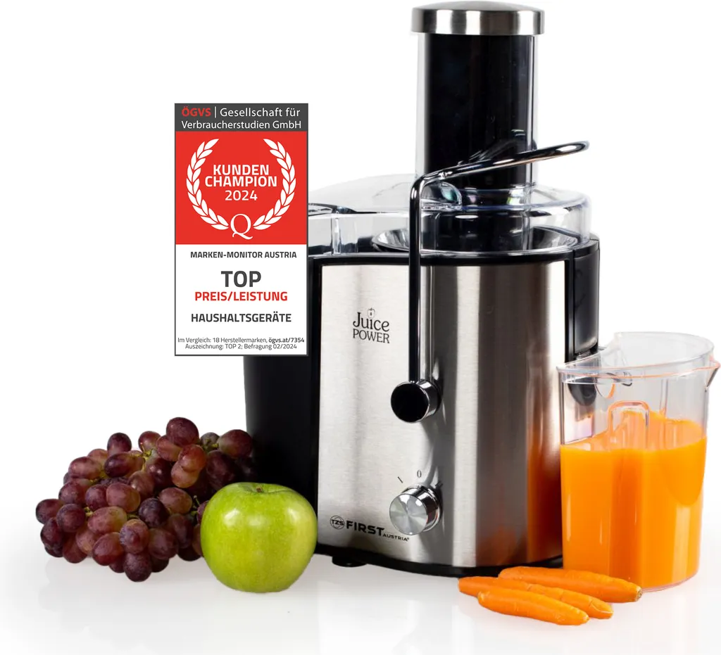 TZS First Austria Juicer for Fruit and Vegetables, Electric Juice Press, 800W, with 2 Speed ​​Settings & Rotary Switch, Stainless Steel, Juicer