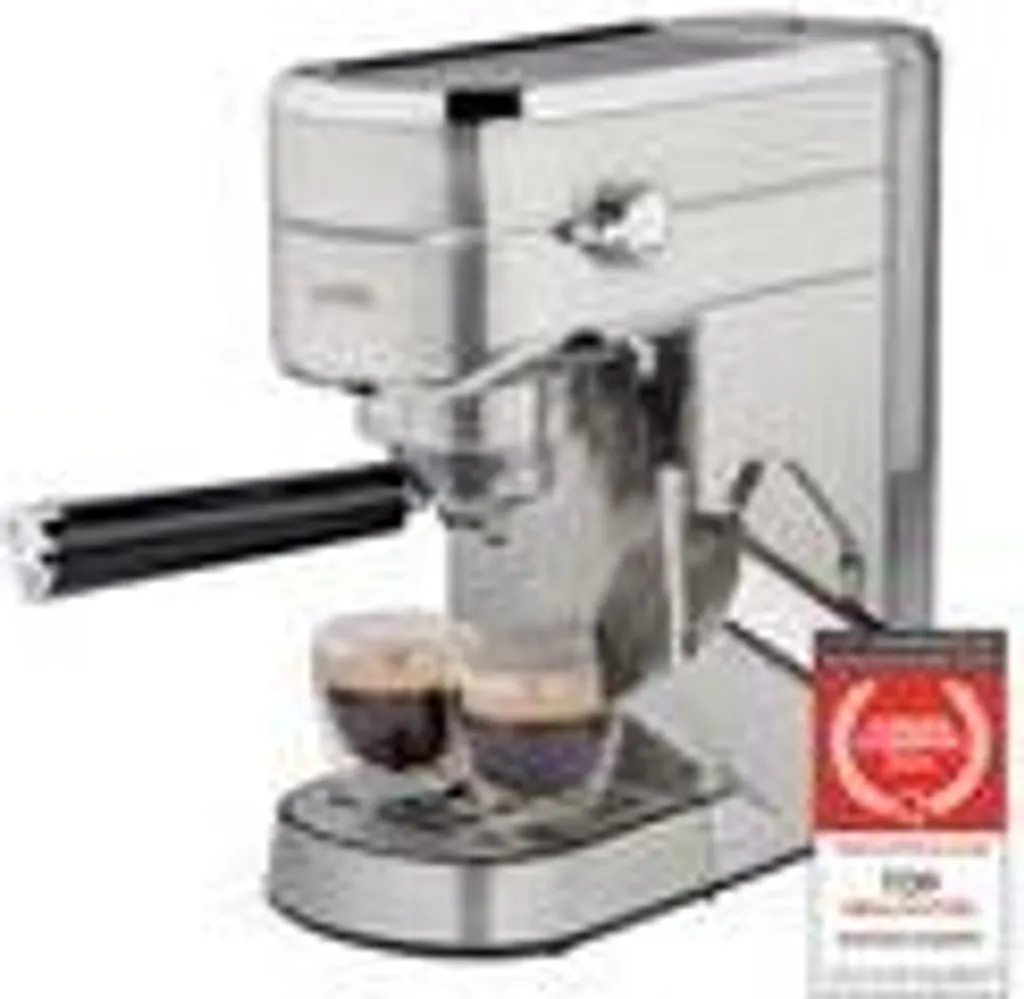 TZS First Austria Espresso Machine, electric portafilter machine with professional milk frother, suitable for pods, 1L water tank, incl. 2 double-walled glass cups, stainless steel