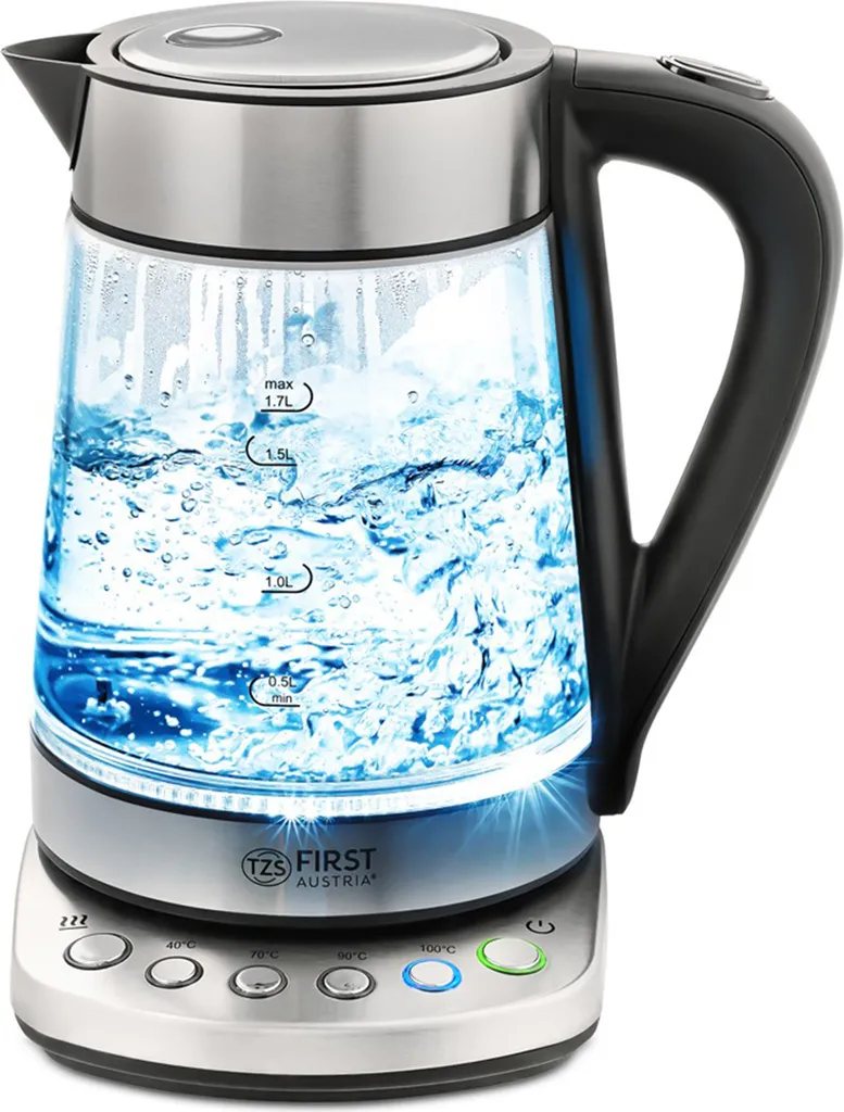 TZS First Austria Glass Kettle 1.7 L, with limescale filter, 2200 watts, interior light, cordless, boil-dry protection, 360° swivel base