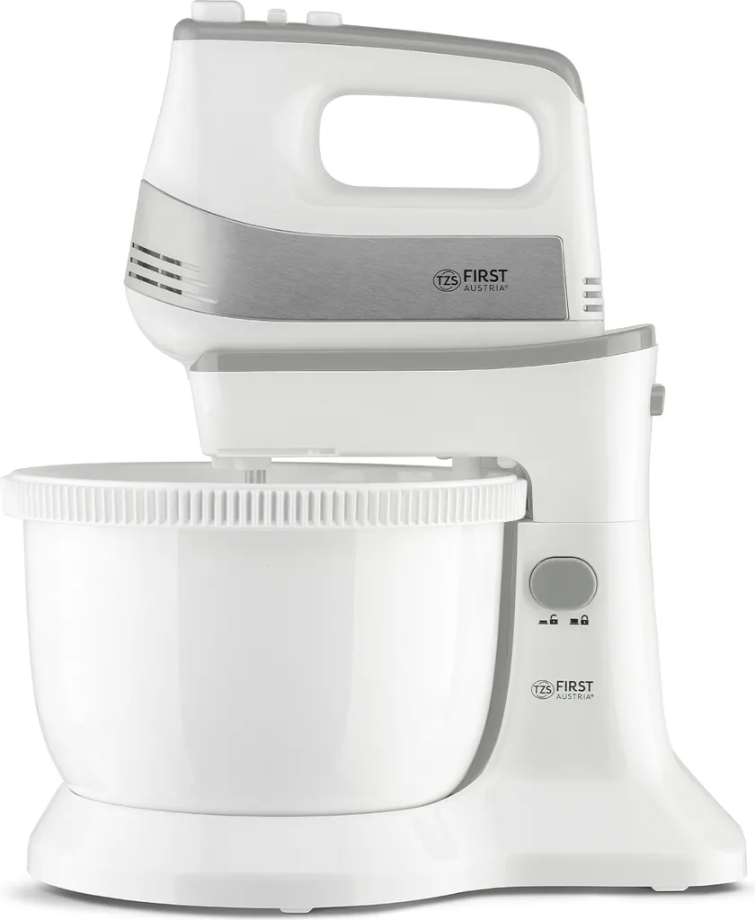 TZS First Austria hand mixer with 3.5L plastic bowl, automatic drive, 500W, 5 speeds, turbo function, including dough hook and beater.