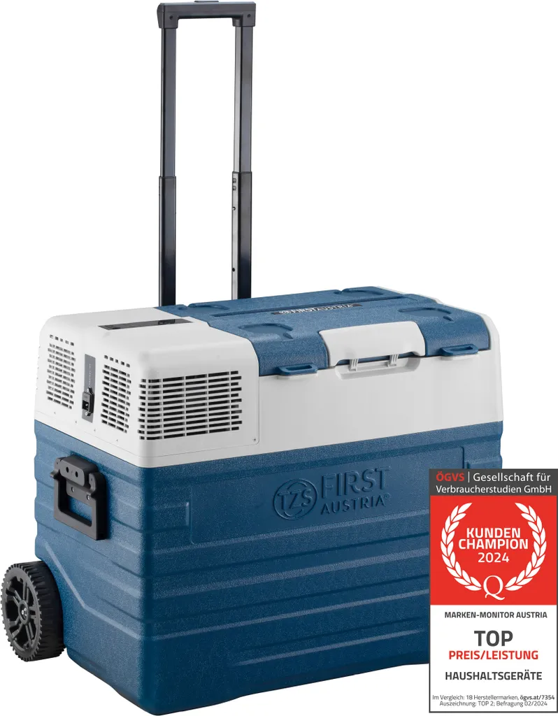 TZS First Austria compressor cool box, 43 L, -20°C to +20°C, MAX/ECO, interior light, USB port, trolley function and carrying handles
